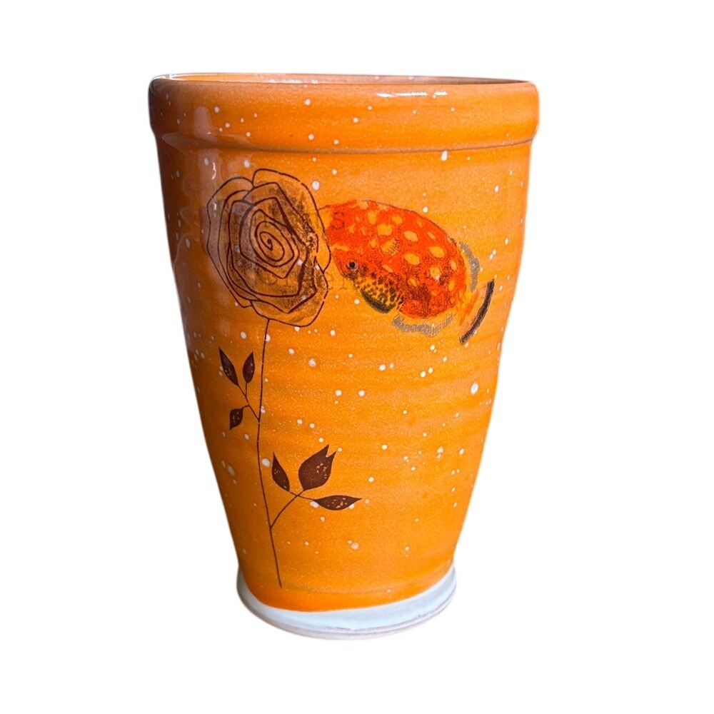 Orange Glaze Vase Flower & Fish Pot Retro Style Yoder Pottery Studio Art 5.5"